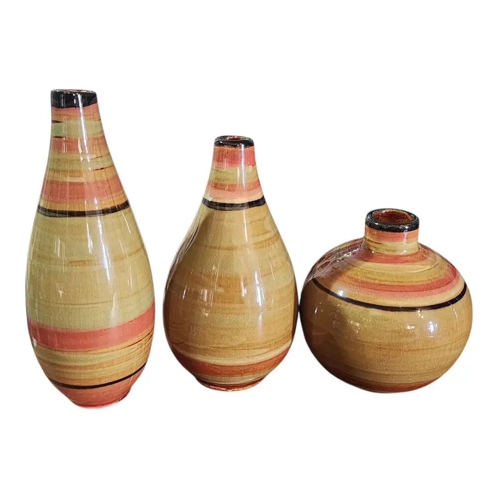Small Ceramic Vase Set of 3 with Hand painted Floral Designs and Glazed Finish